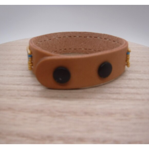 Loom Beaded Bracelet Teal & Tan Wave on Leather - Picture 5 of 5